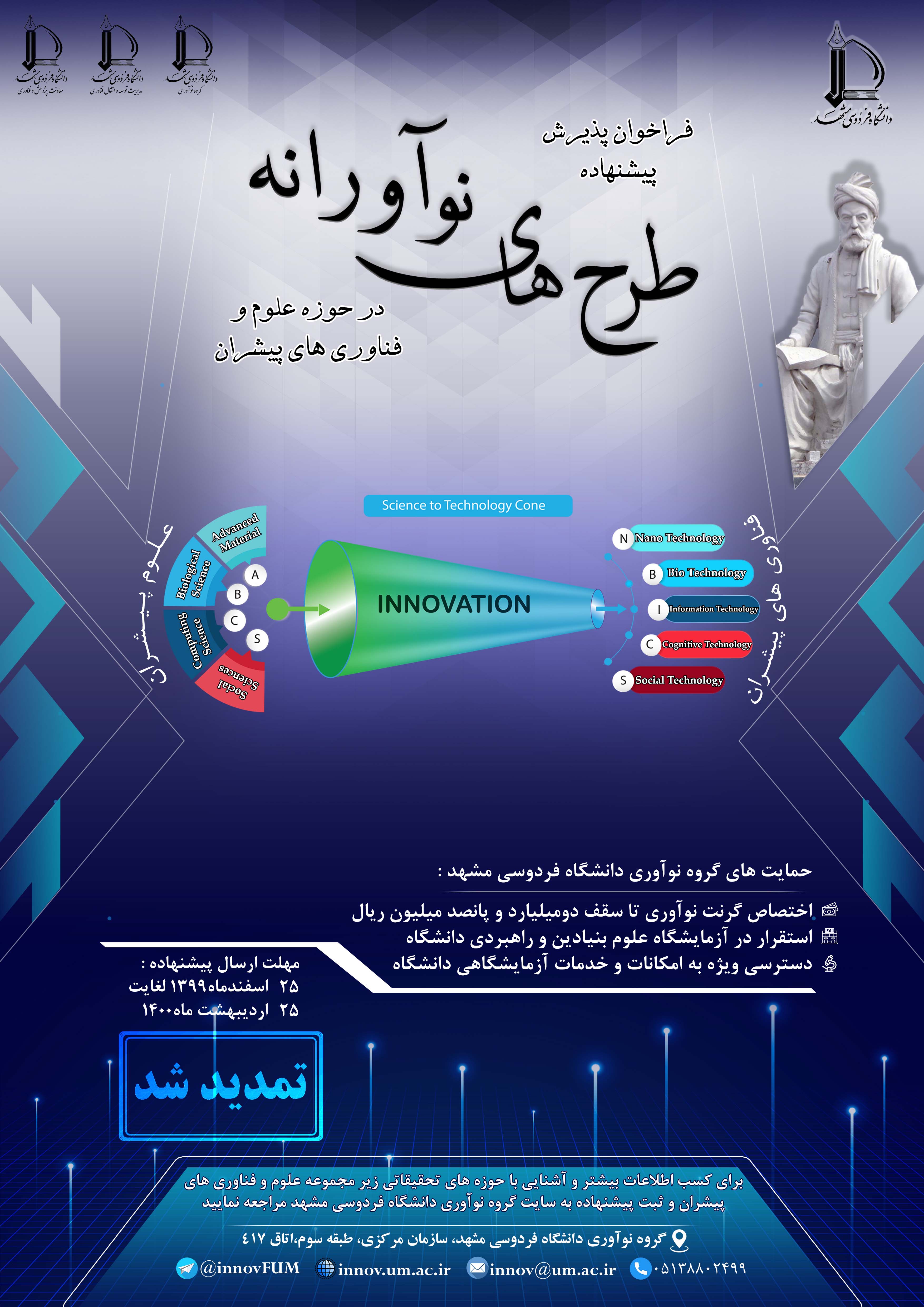  تمدید مهلت ارسال پیشنهاده طرح های نوآورانه در حوزه علوم و فناوری های پیشران دانشگاه فردوسی مشهد